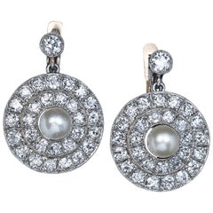Antique Edwardian Pearl Diamond Gold Platinum Dangle Earrings