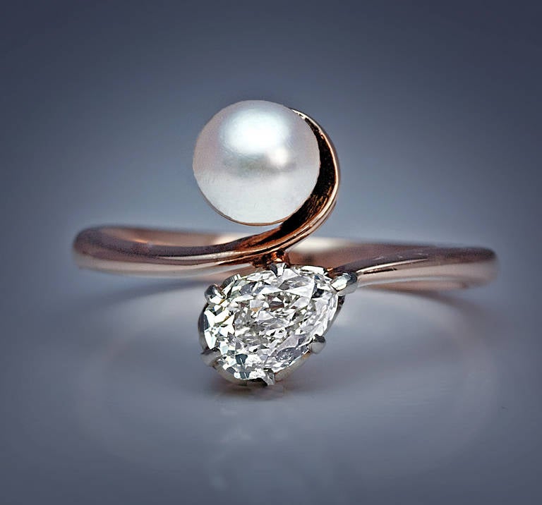 Art Deco Pearl Old Russian Diamond Bypass Engagement Ring