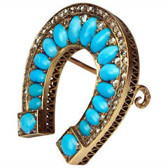 Antique Horseshoe Turquoise Diamond Brooch