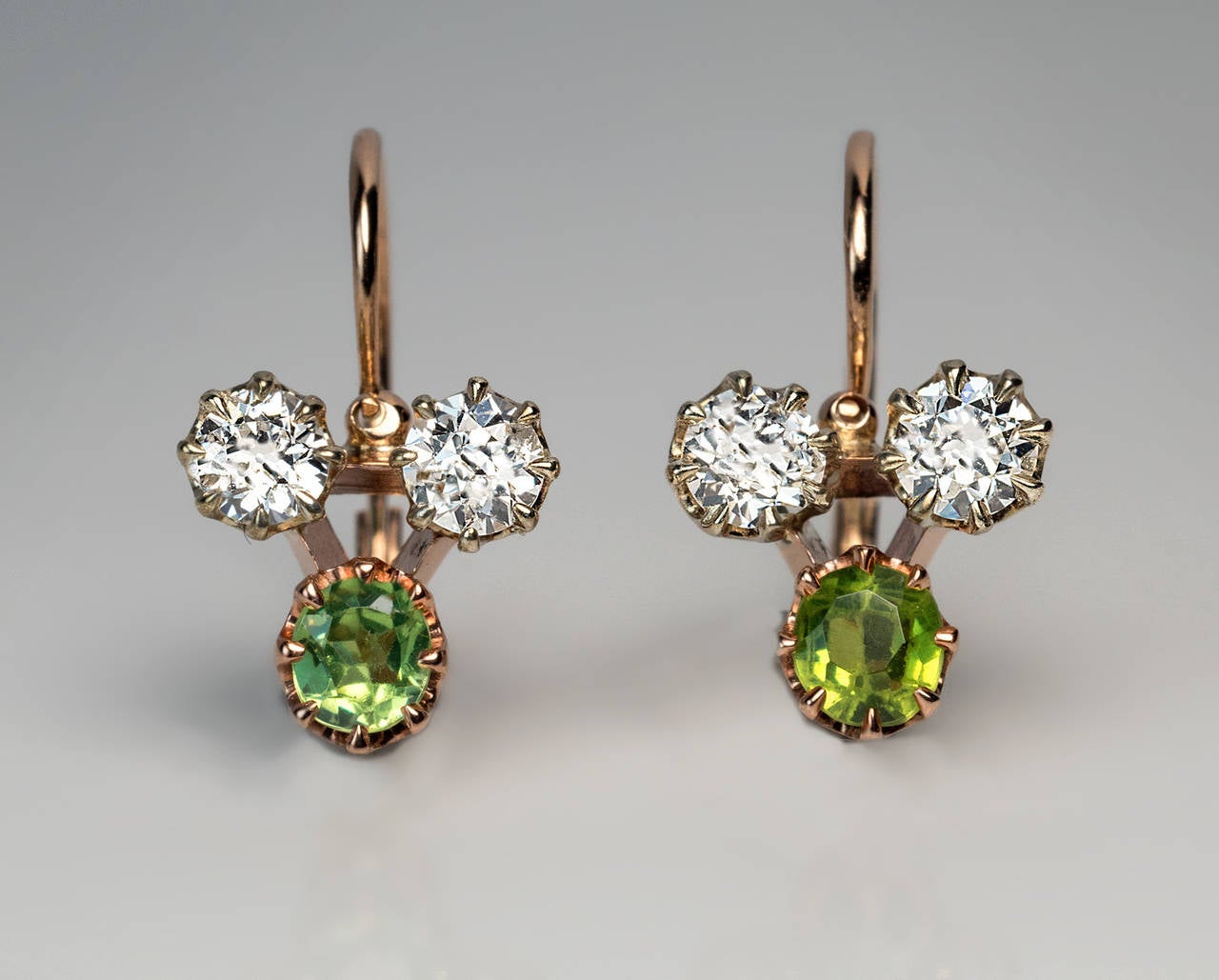 Antique Russian Demantoid Diamond Gold Earrings In Excellent Condition In Chicago, IL