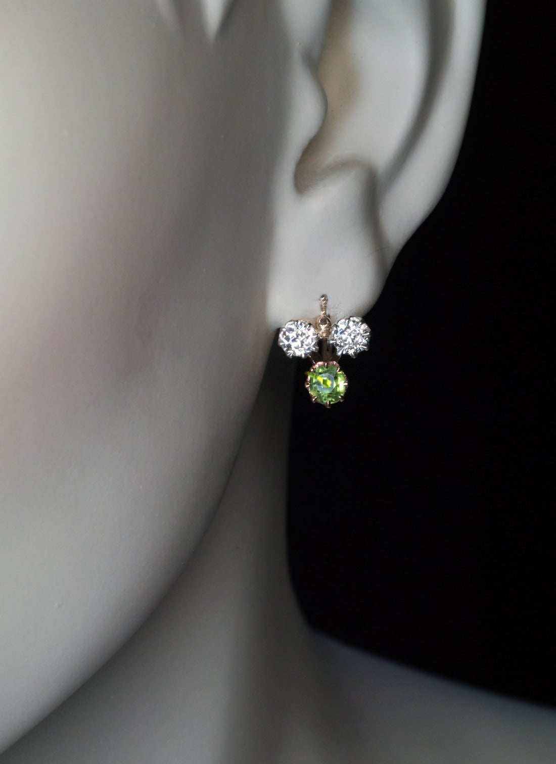 Made in Moscow between 1899 and 1908

The 14K rose gold earrings are set with four old European cut diamonds and two Russian demantoids.

Estimated total diamond weight 0.90 ct
Approximate total demantoid weight 0.77 ct

Marked with 56