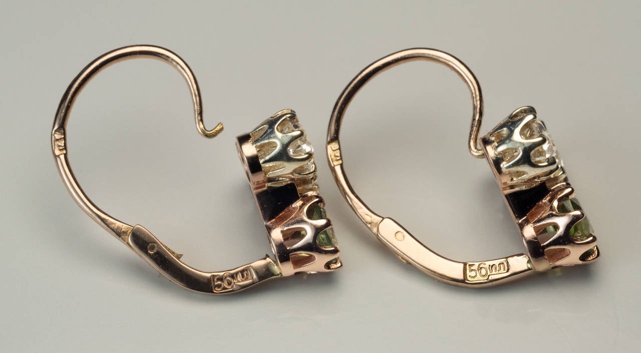 Women's Antique Russian Demantoid Diamond Gold Earrings
