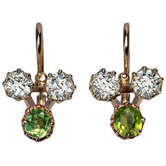 Antique Russian Demantoid Diamond Gold Earrings