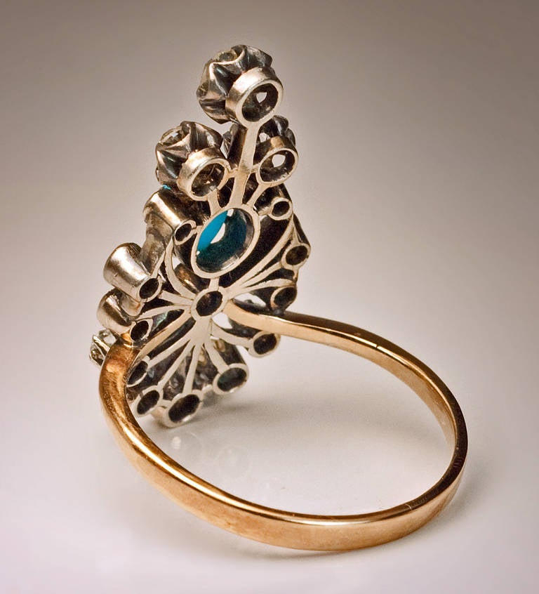 Victorian Late 19th Century Turquoise Diamond Silver Gold Ring