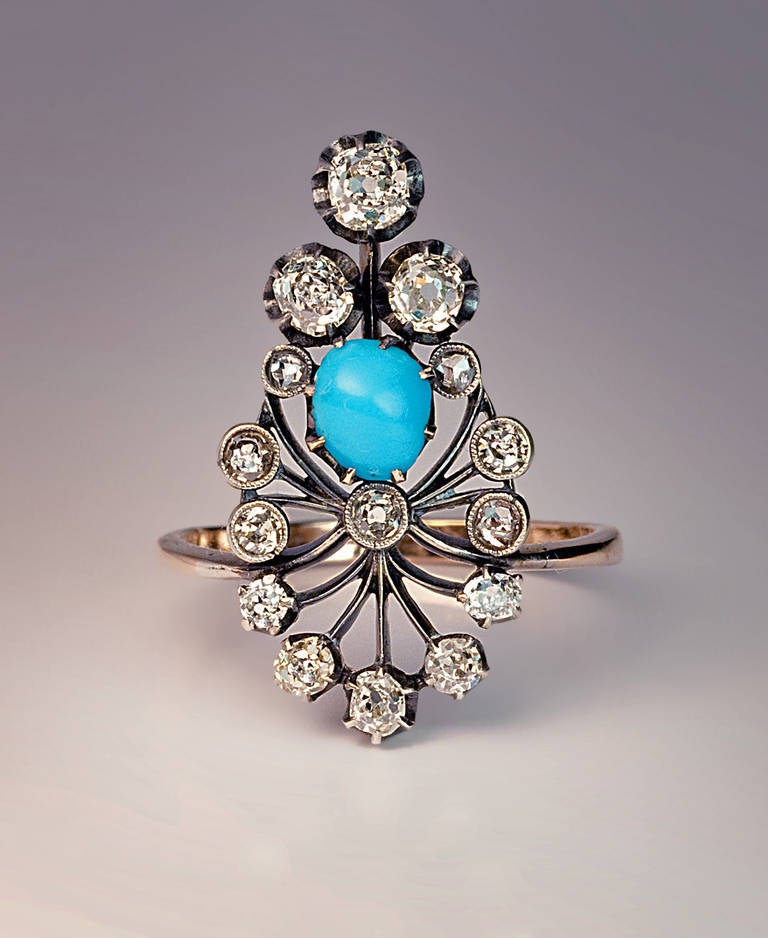 Late 19th Century Turquoise Diamond Silver Gold Ring In Excellent Condition In Chicago, IL