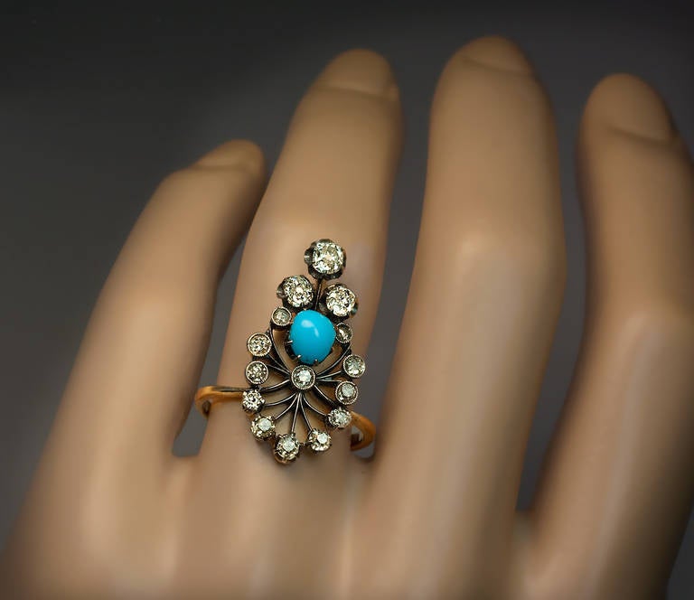 Women's Late 19th Century Turquoise Diamond Silver Gold Ring