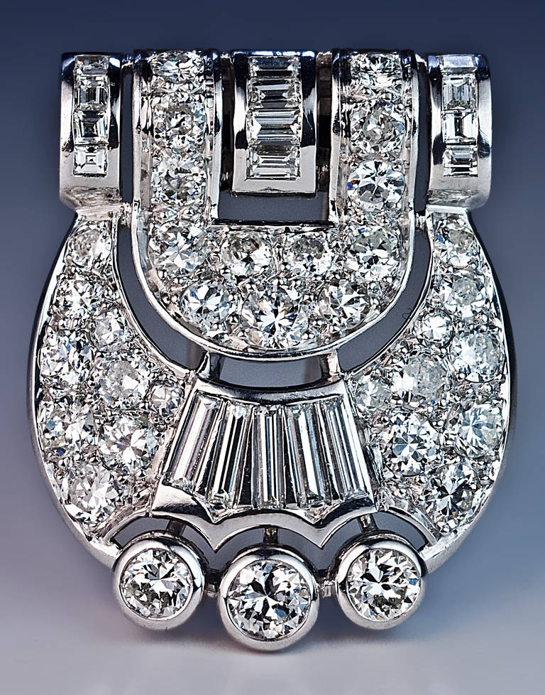 Women's or Men's Art Deco Diamond Shield Shape Clip Brooch