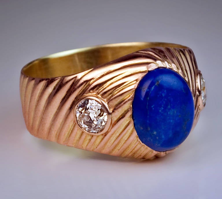 Old Russian Lapis Diamond Men's Ring In Excellent Condition In Chicago, IL
