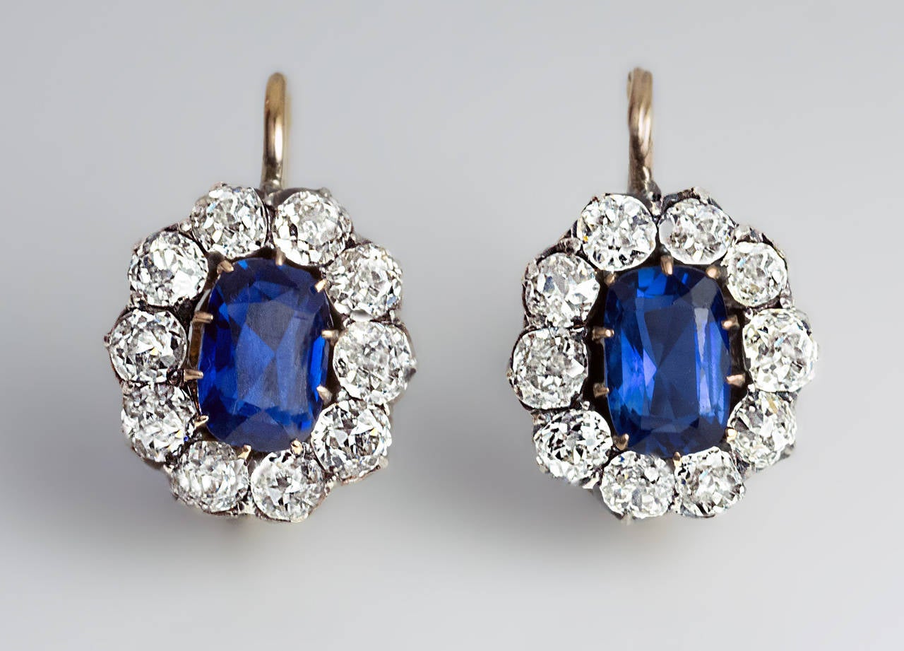 Women's Antique Russian Sapphire Diamond gold Cluster Earrings