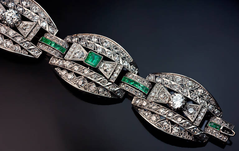 Women's Art Deco Emerald Diamond Platinum Bracelet