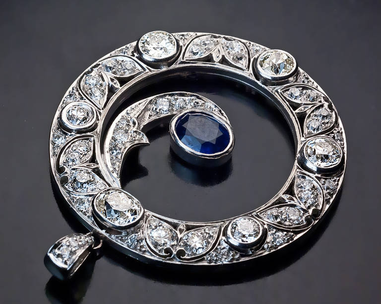 Women's Art Deco Sapphire Diamond Gold Half Moon Pendant