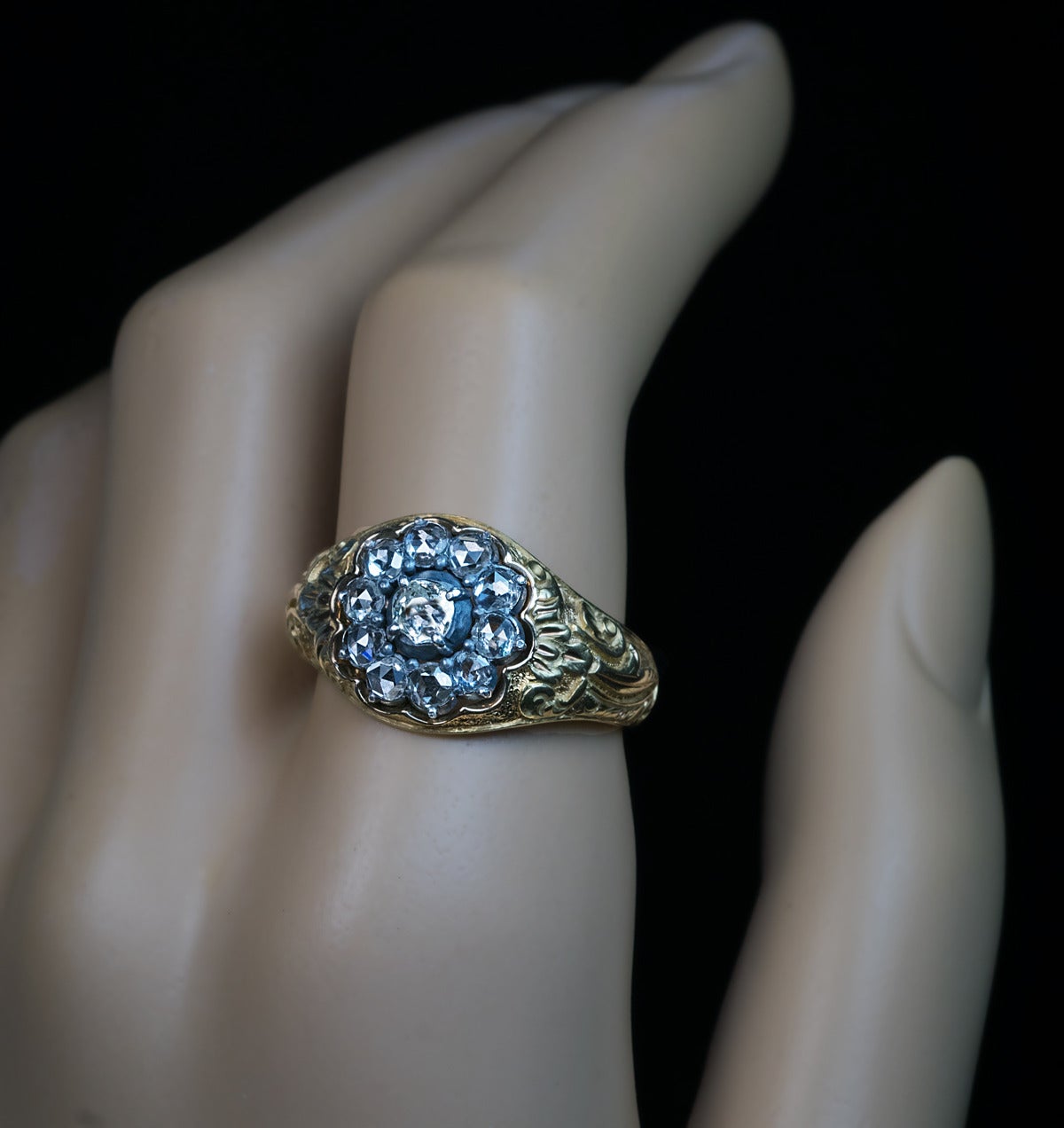 Antique Russian Diamond Cluster Gold Men's Ring 1840s