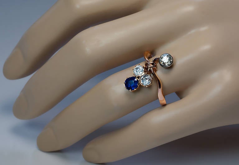 Old European Cut Art Nouveau Sapphire Diamond Gold Flower Ring For Sale