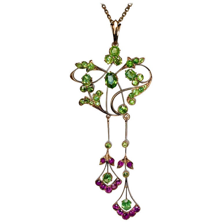 Art Nouveau Russian Demantoid Ruby Gold Pendant at 1stDibs