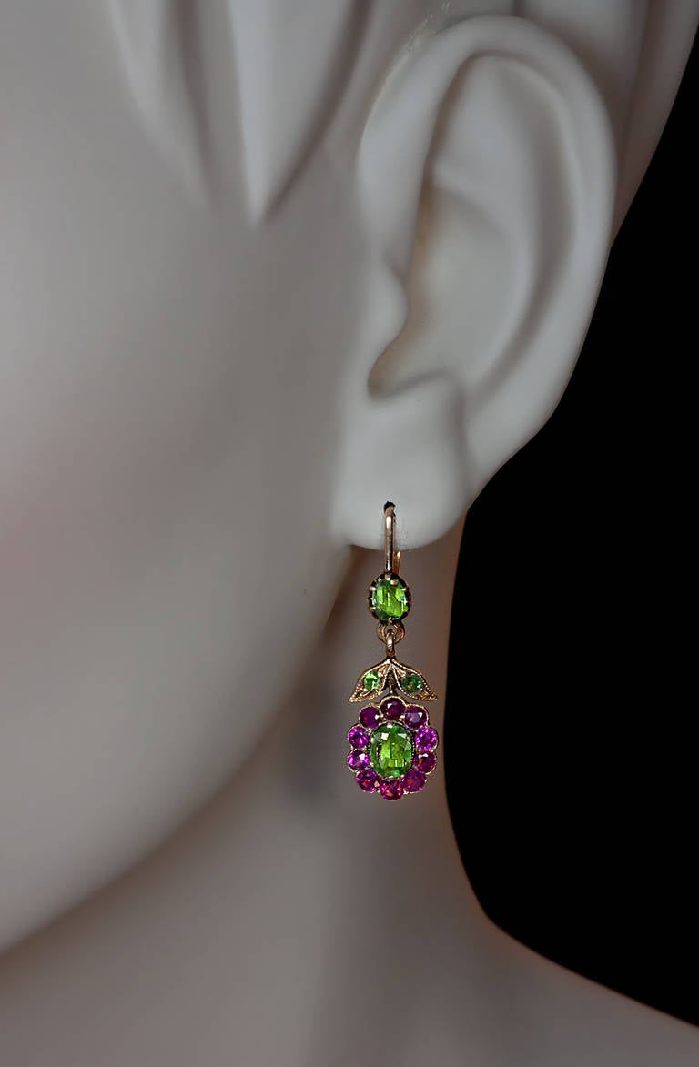 Antique Russian Demantoid Ruby Dangle Earrings