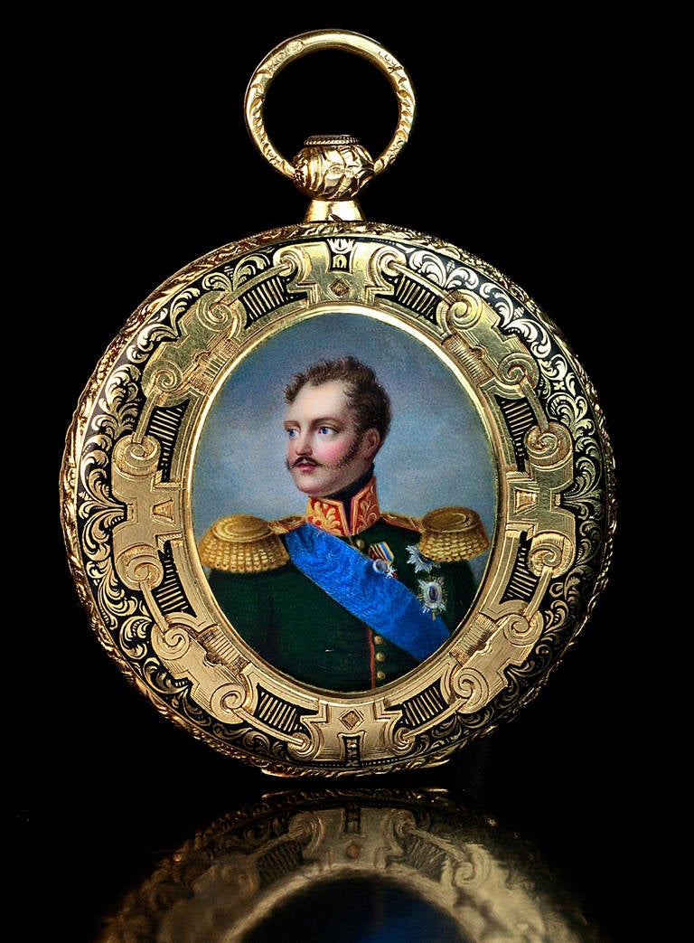 Made by Robert Brandt & Ce for the Russian Court 

The ultra-slim gold pocket watch is decorated with a finely enameled miniature portrait of Emperor Nicholas I after the 1835 original painting by Franz Kruger surrounded by an elaborately