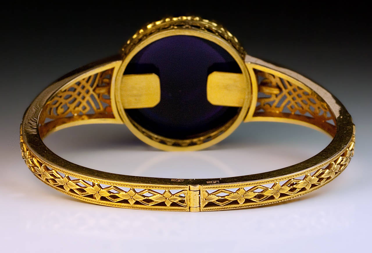 Antique Victorian Gothic Style Amethyst Gold Bangle Bracelet In Excellent Condition In Chicago, IL