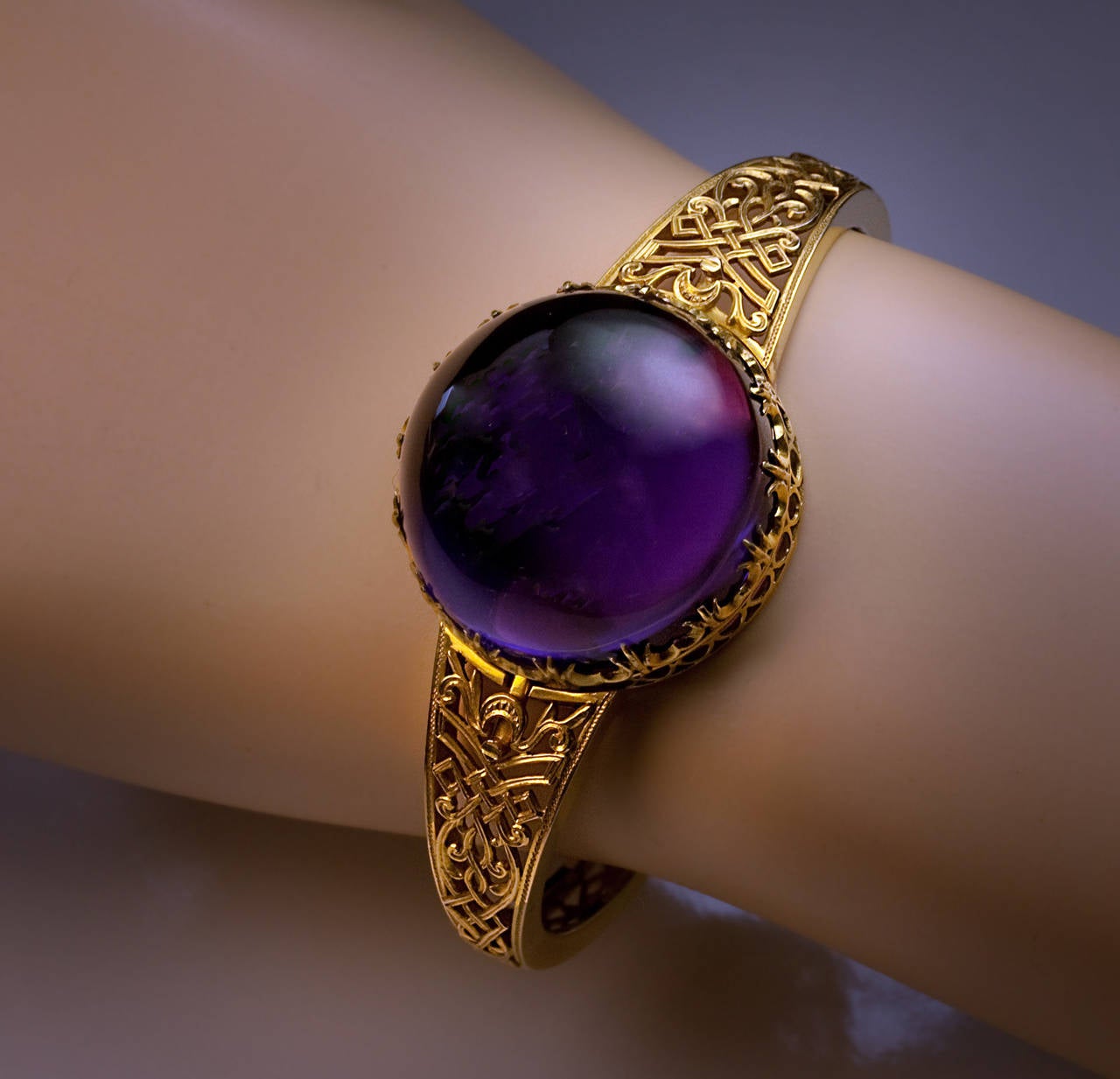 Women's Antique Victorian Gothic Style Amethyst Gold Bangle Bracelet