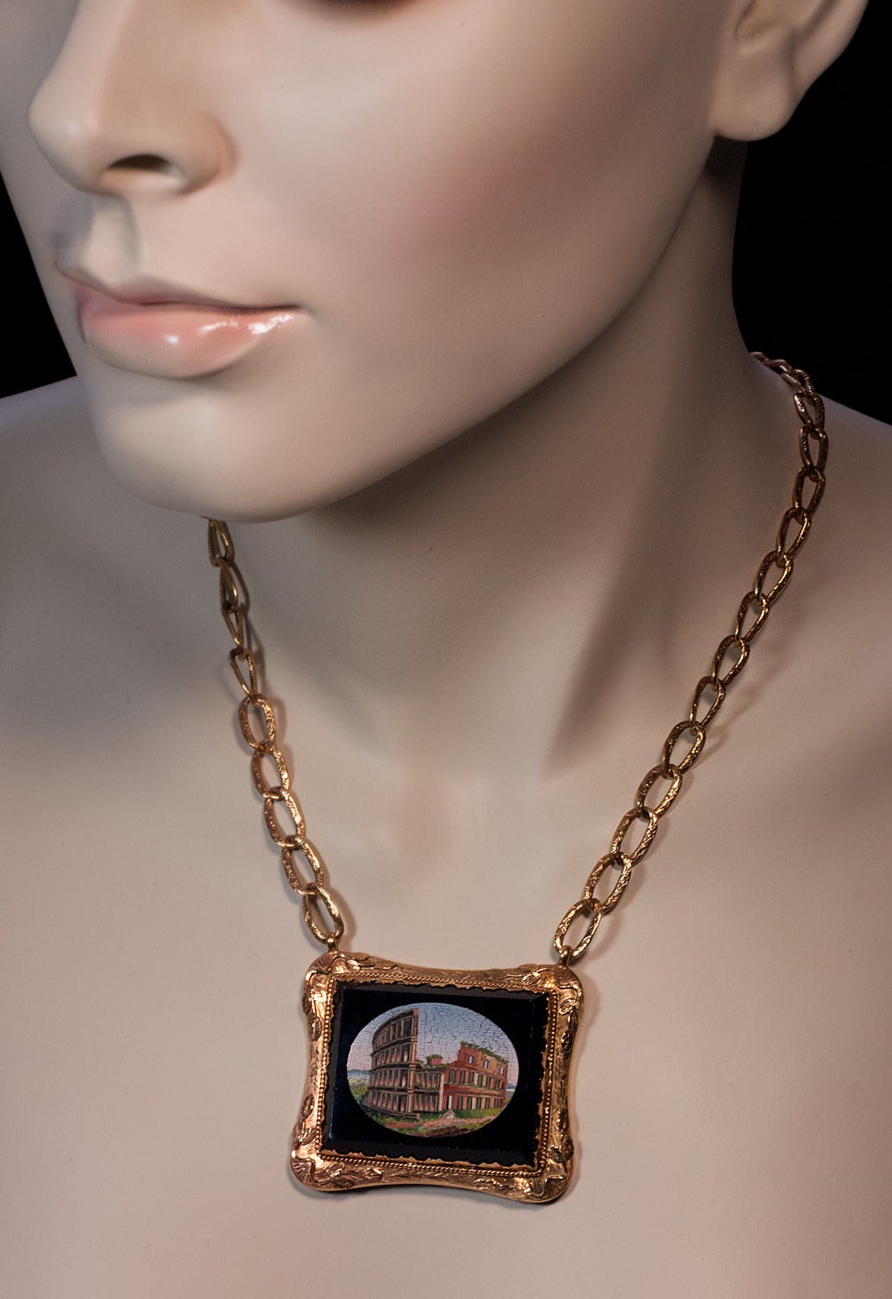 Antique Victorian Roman Micro Mosaic Gold Necklace