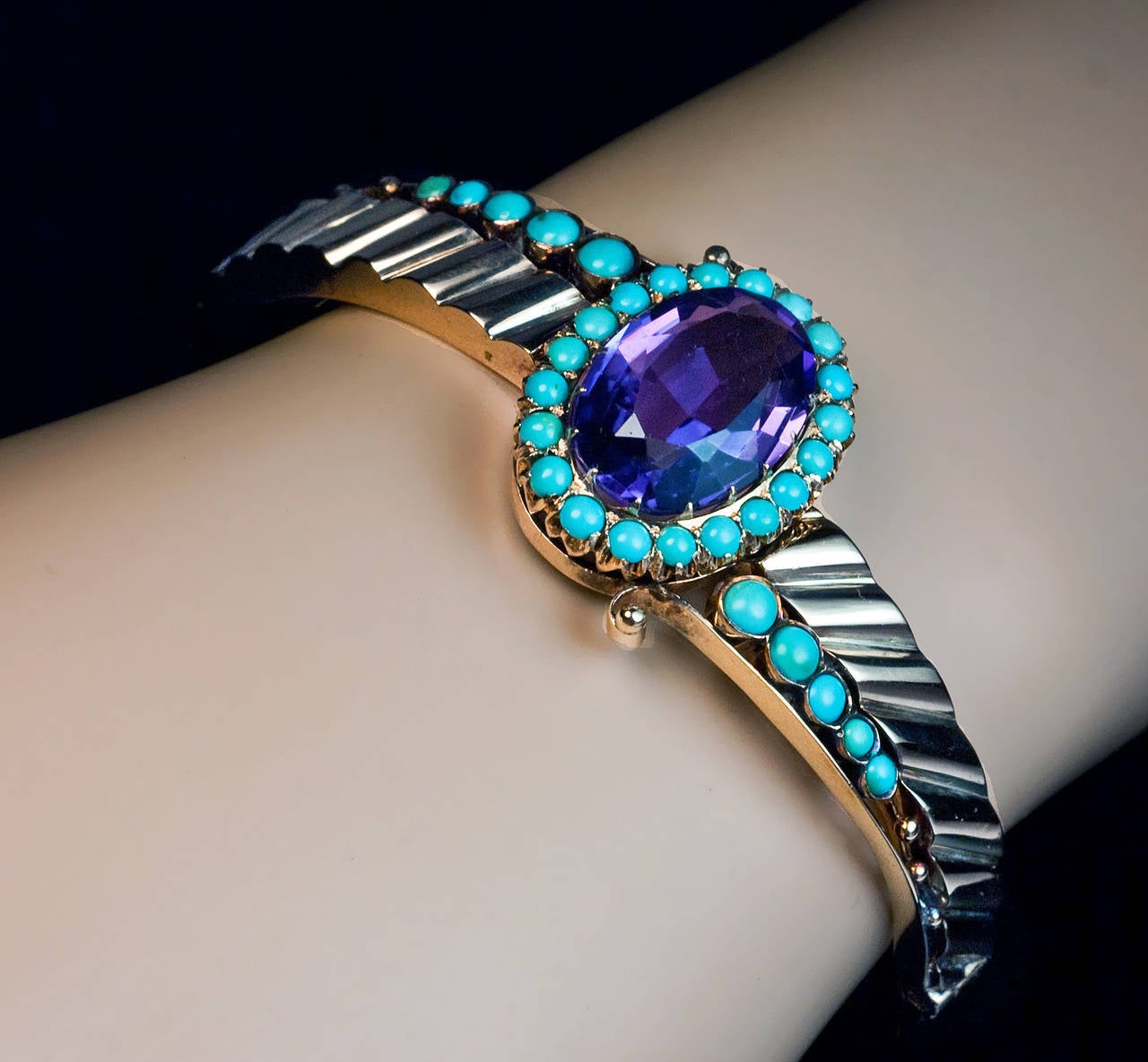 Antique Victorian Amethyst Turquoise Gold Bangle Bracelet In Excellent Condition In Chicago, IL