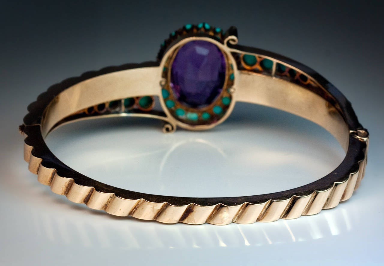 Women's Antique Victorian Amethyst Turquoise Gold Bangle Bracelet