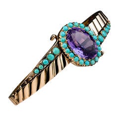 Antique Victorian Amethyst Turquoise Gold Bangle Bracelet 1