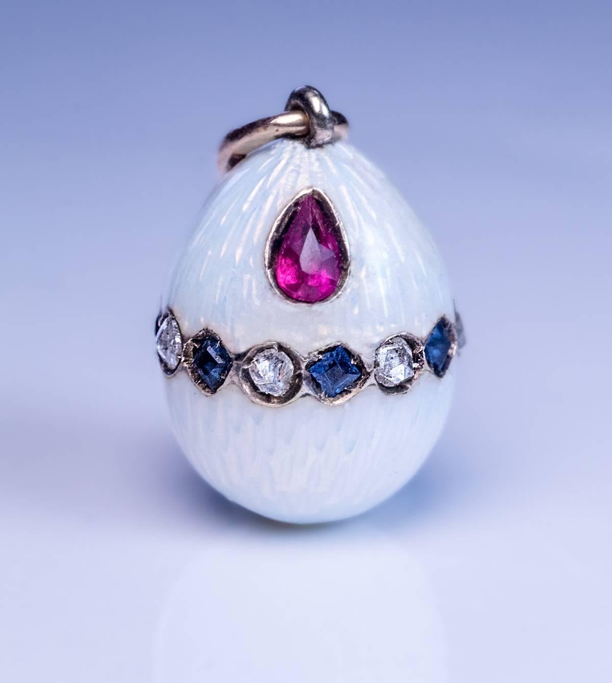 Edwardian Antique Russian Jeweled Enamel Miniature Egg Pendant