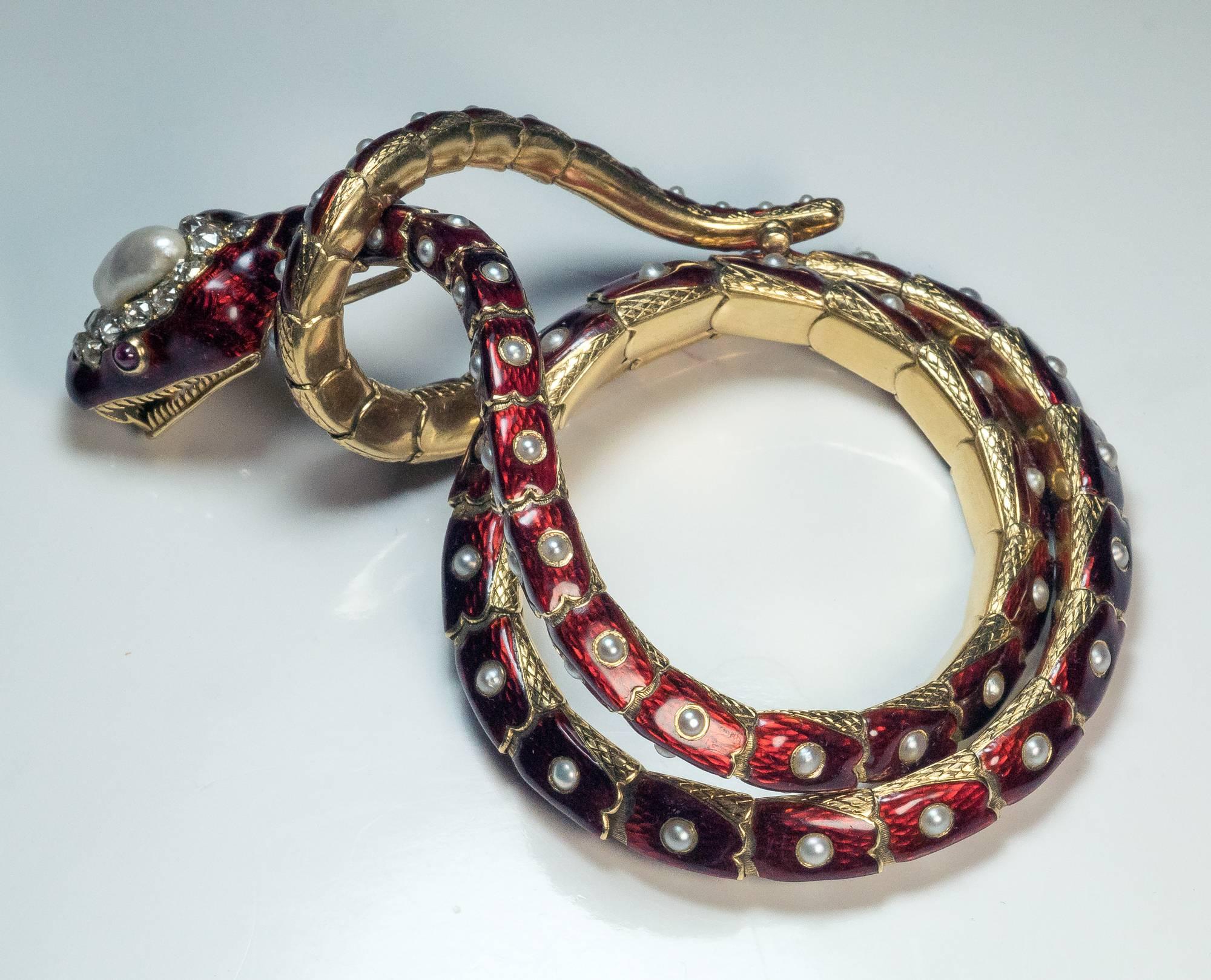 Antique French Pearl Ruby Diamond Gold Convertible Snake Bracelet Necklace 1860 In Excellent Condition For Sale In Chicago, IL