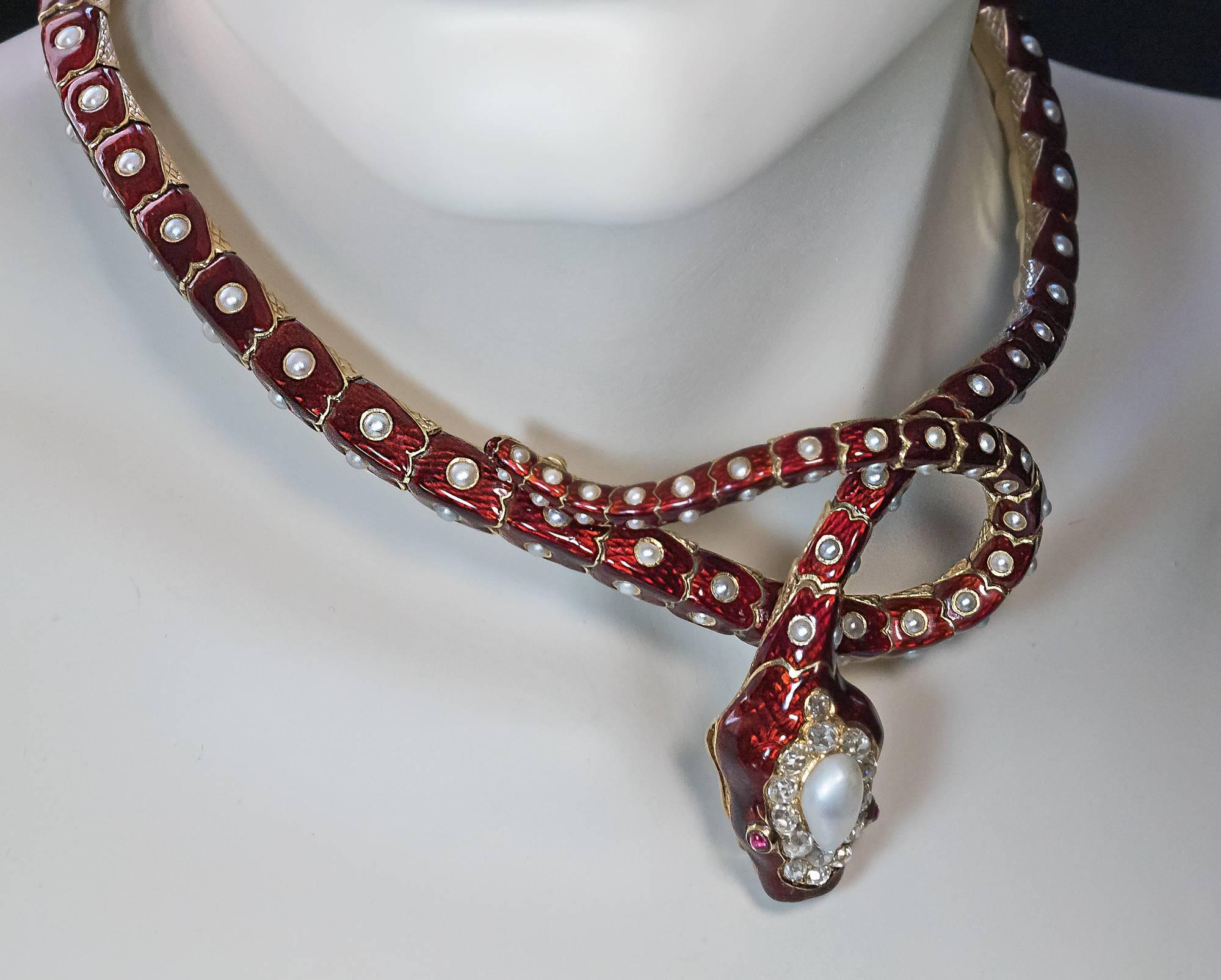 Antikes französisches, umwandelbares Schlangenarmband, Perle Rubin Diamant Gold 1860 (Französischer Schliff) im Angebot