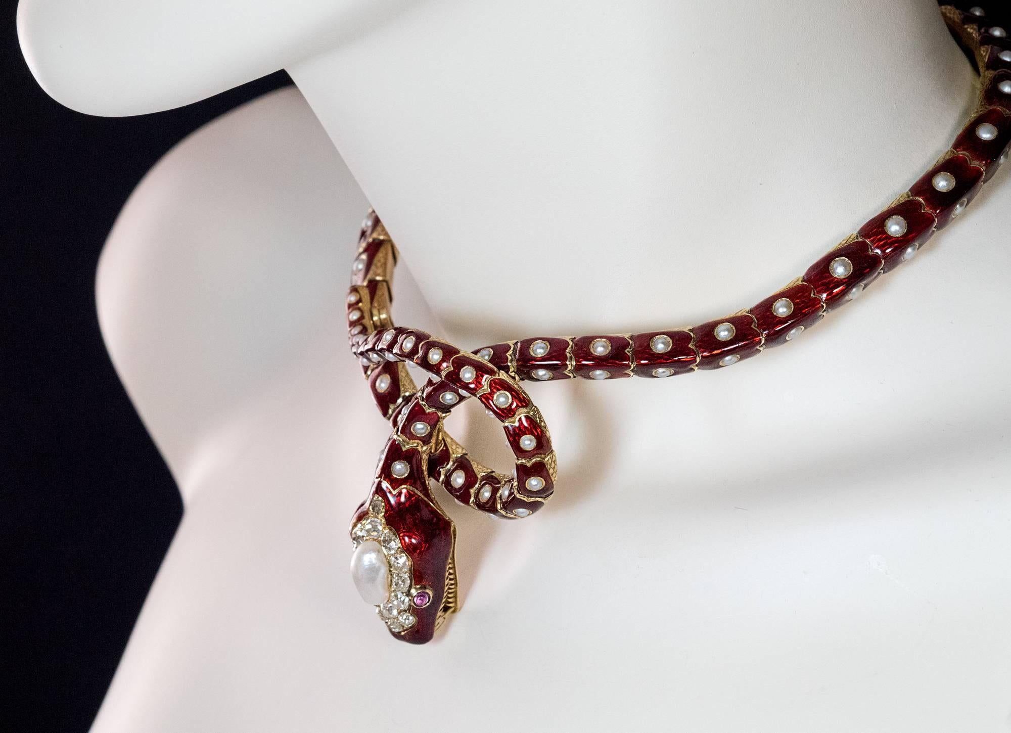 Collier de serpent convertible en or, perle française ancienne, rubis et diamants, 1860 Excellent état - En vente à Chicago, IL