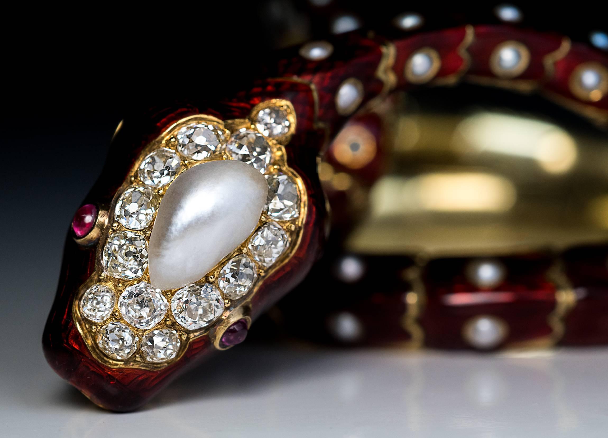 Victorian Antique French Pearl Ruby Diamond Gold Convertible Snake Bracelet Necklace 1860 For Sale