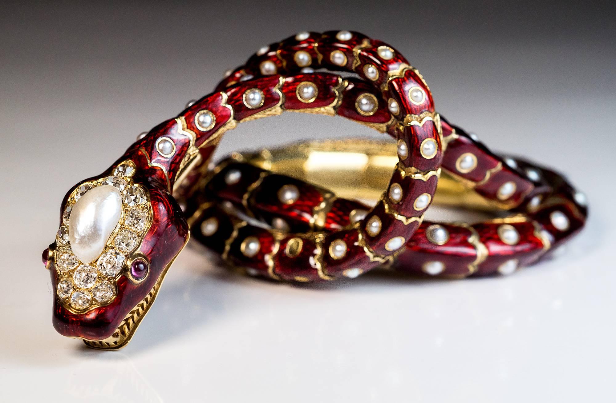 Antikes französisches, umwandelbares Schlangenarmband, Perle Rubin Diamant Gold 1860 im Angebot 1