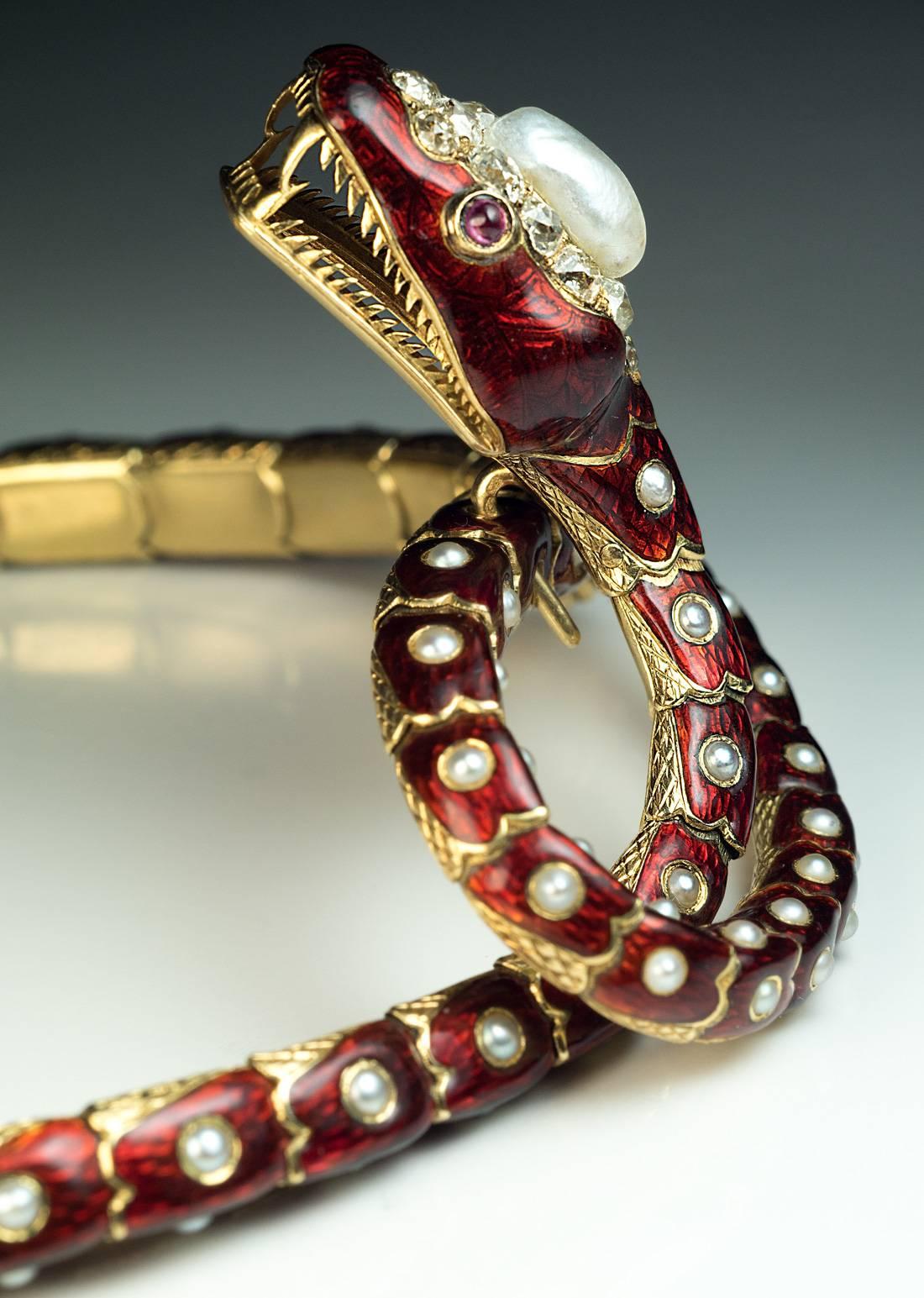 Antique French Pearl Ruby Diamond Gold Convertible Snake Bracelet Necklace 1860 For Sale 1