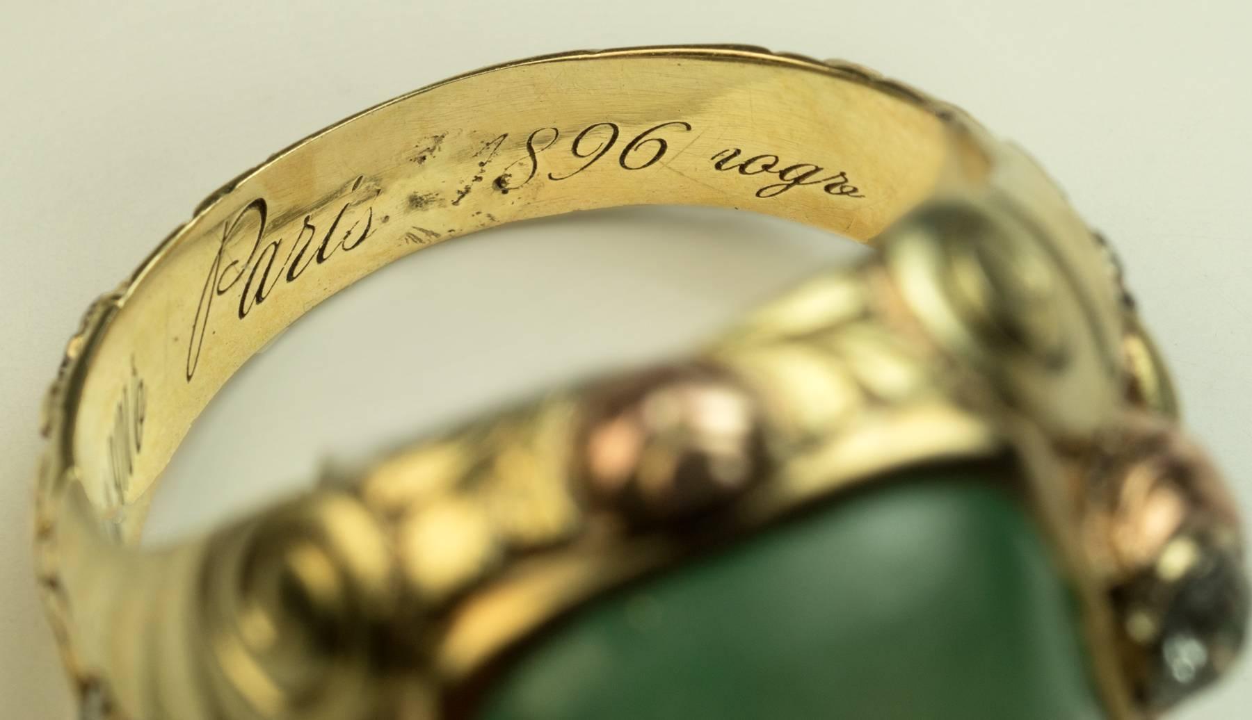 Antique Art Nouveau Emerald Gold Ring Dated 1896 In Excellent Condition In Chicago, IL