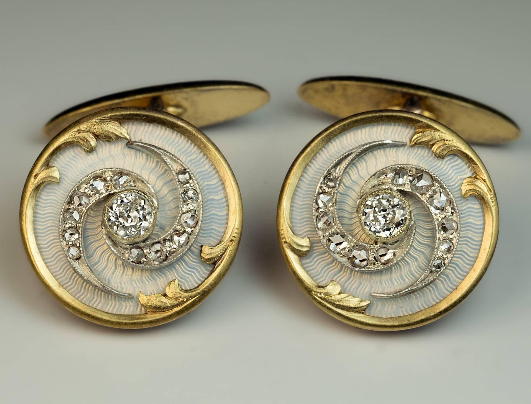 Antique Russian Diamond Enamel Gold Cufflinks In Excellent Condition In Chicago, IL