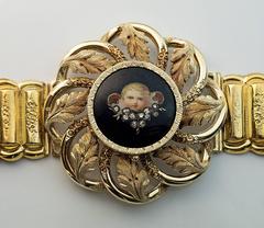 Antique Painted Enamel Miniature Gold Locket Bracelet