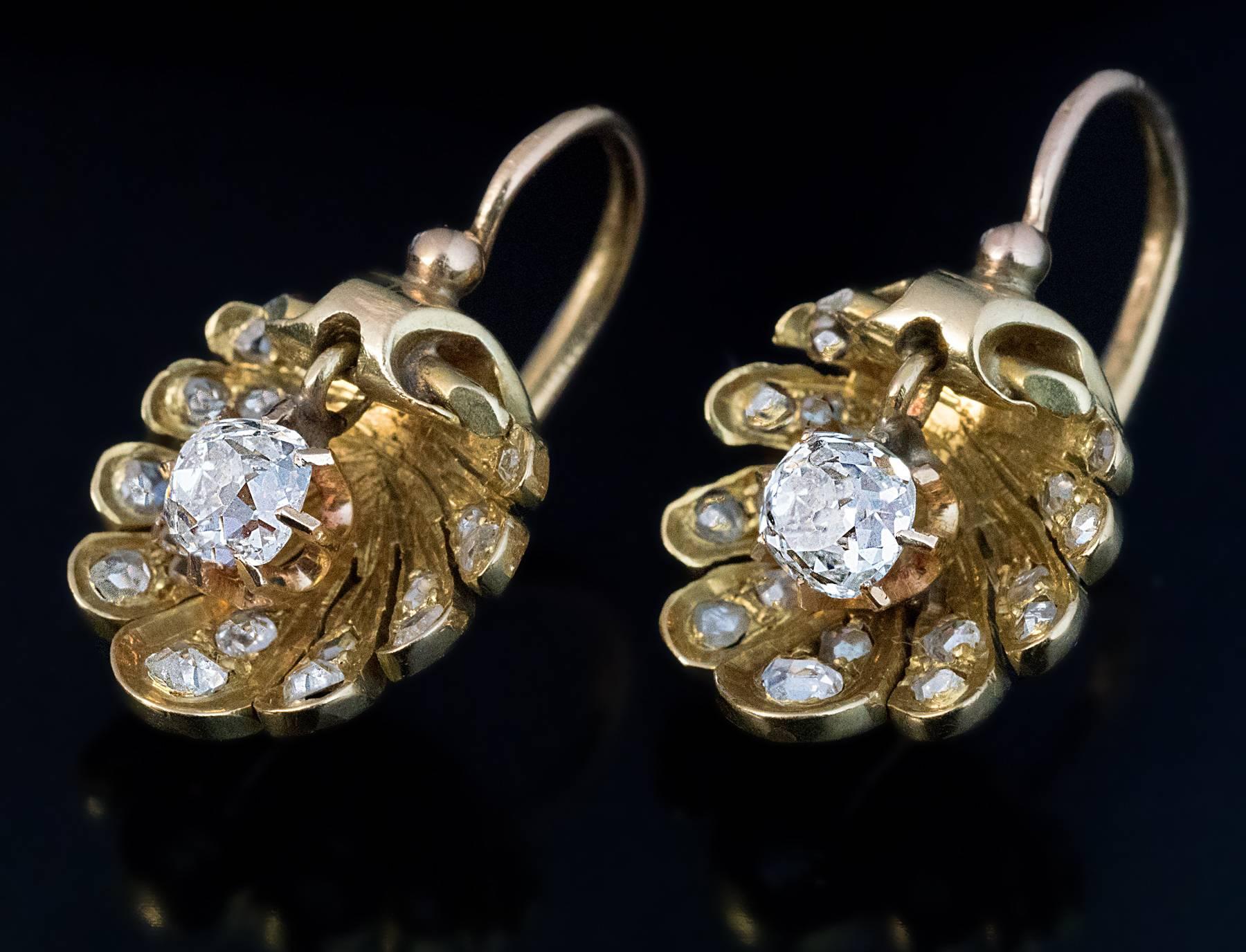 Victorian Antique Shell Shaped Diamond Gold Earrings