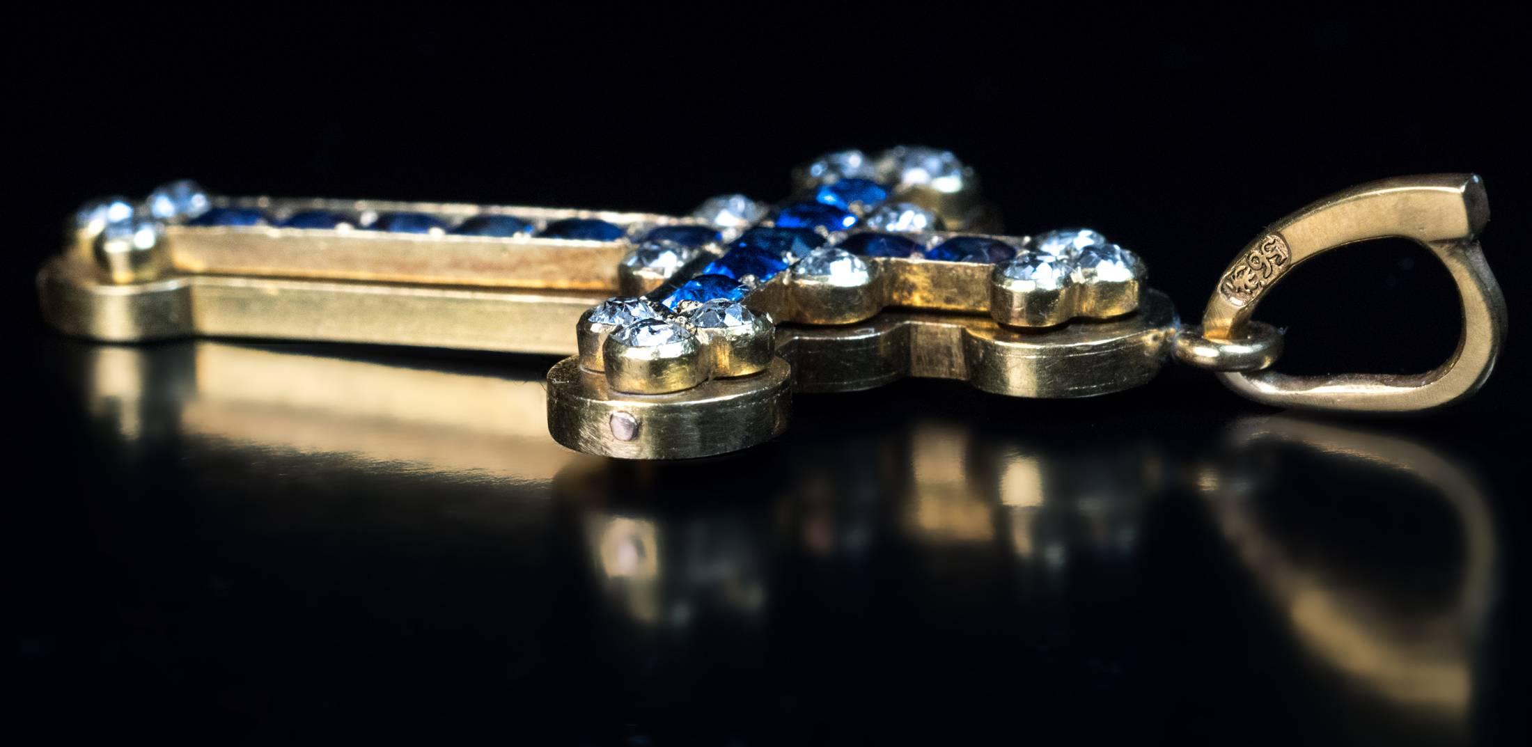 Antique Russian Sapphire Diamond Gold Cross Pendant In Excellent Condition In Chicago, IL
