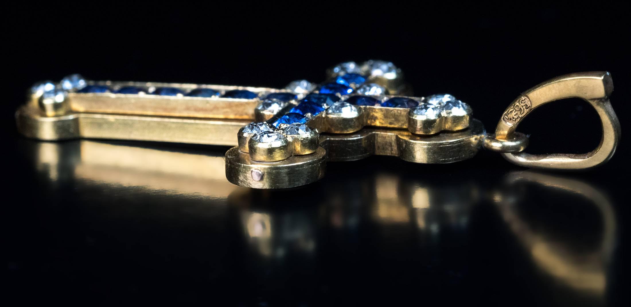 Antiker russischer Saphir-Diamant-Gold-Kreuz-Anhänger für Damen oder Herren