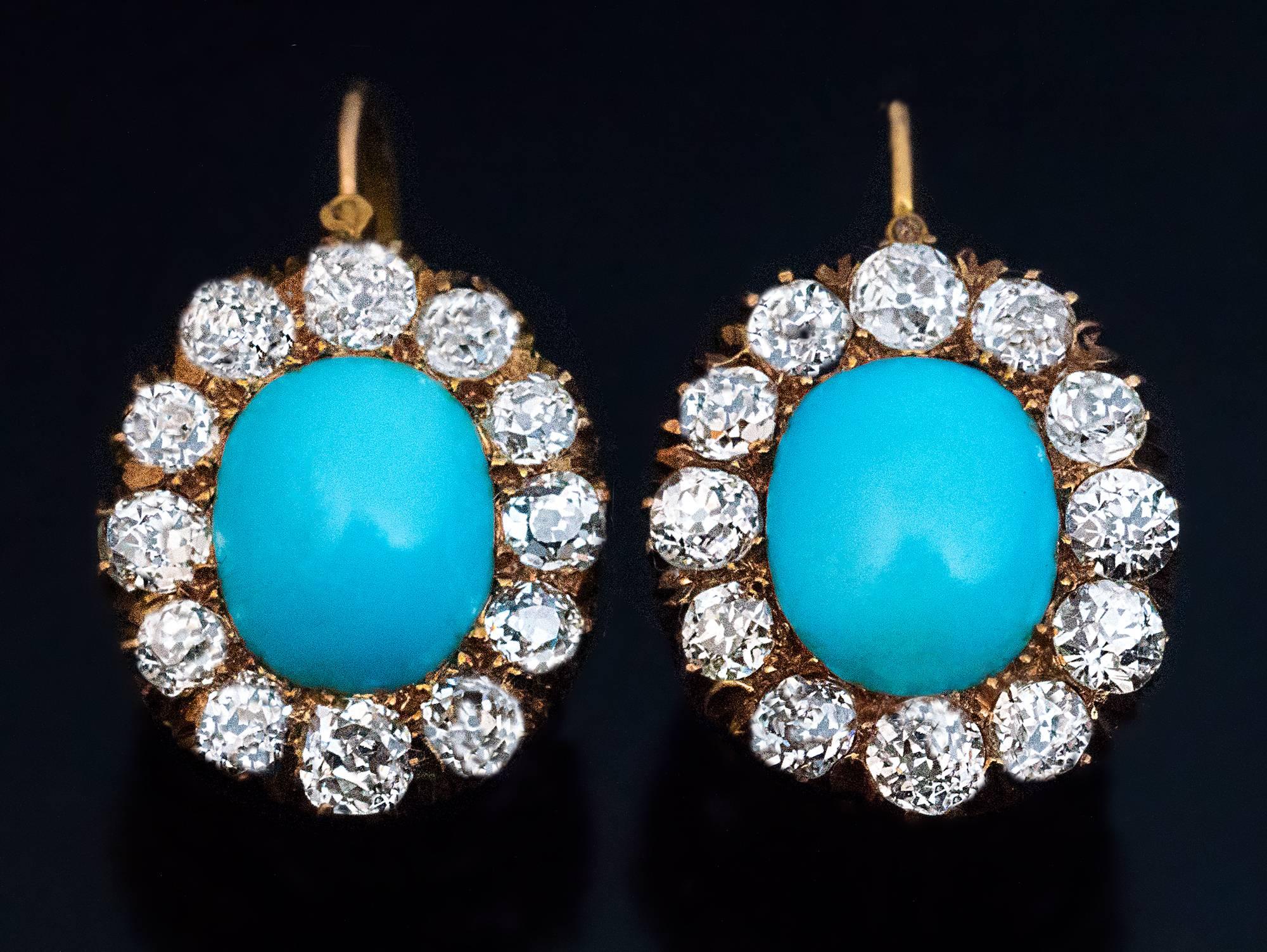 Antike Türkis-Diamant-Gold-Ohrringe im Zustand „Hervorragend“ in Chicago, IL