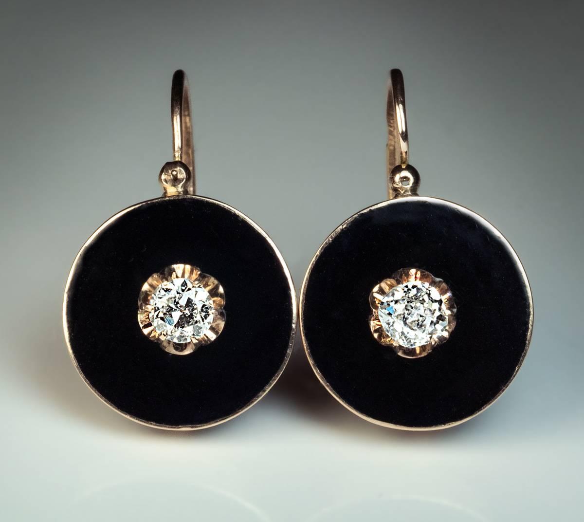 Antique Black Enamel Diamond Gold Earrings In Excellent Condition In Chicago, IL
