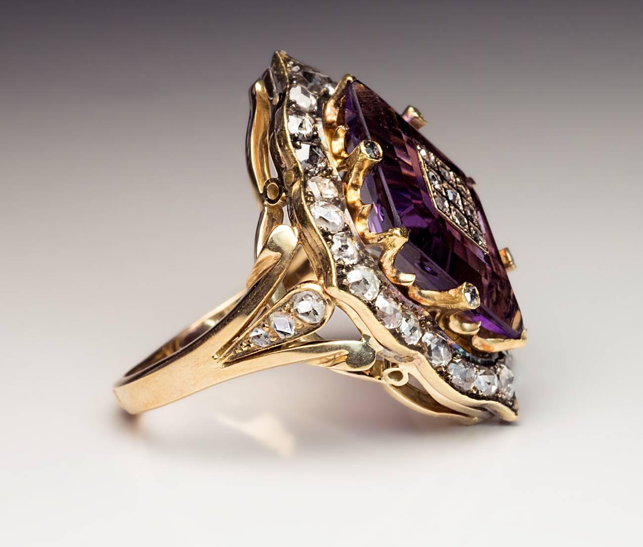 Antique Victorian Amethyst Diamond Gold Ring, 1890 In Excellent Condition In Chicago, IL