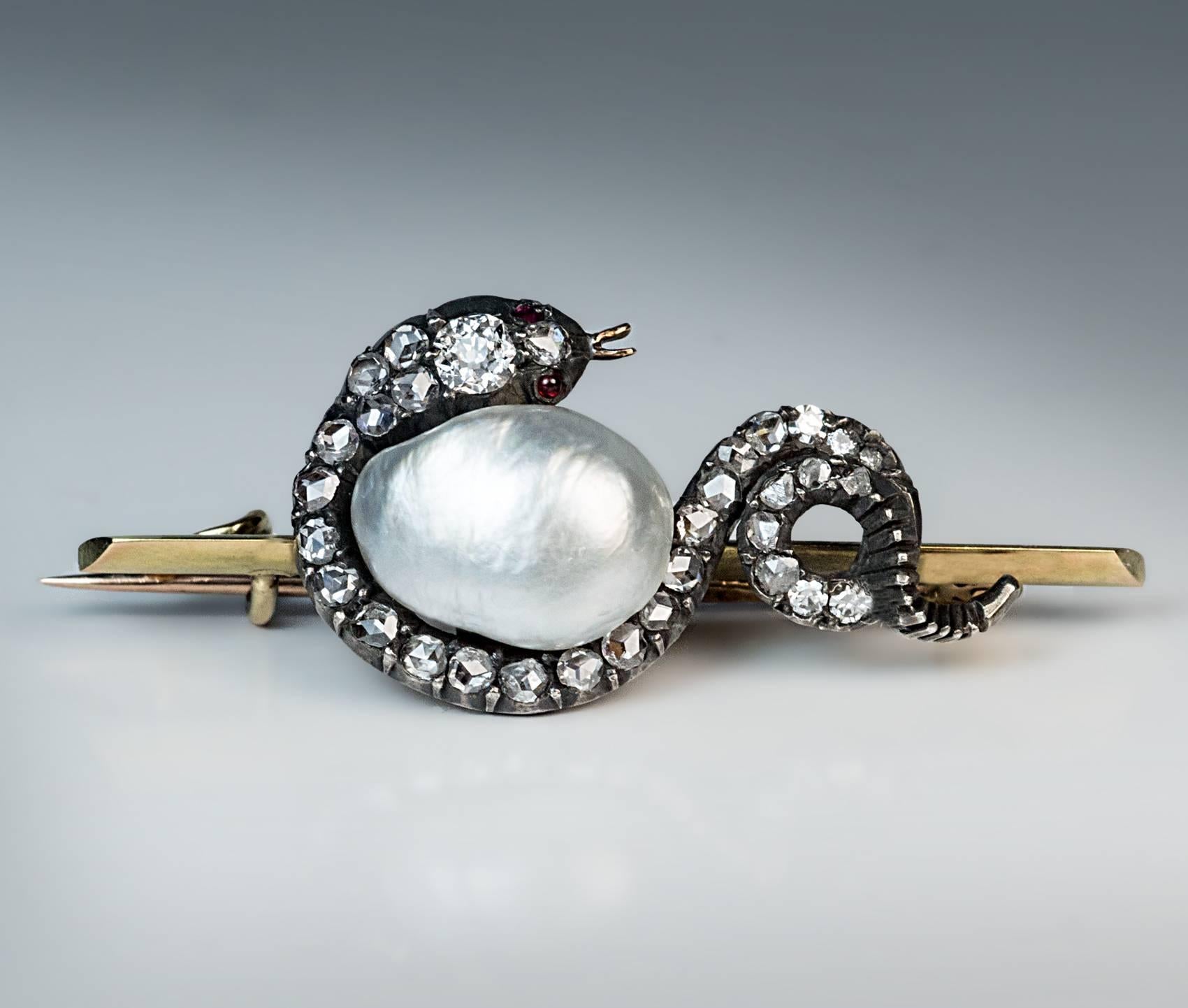 Victorian Antique Baroque Pearl Diamond Snake Brooch For Sale