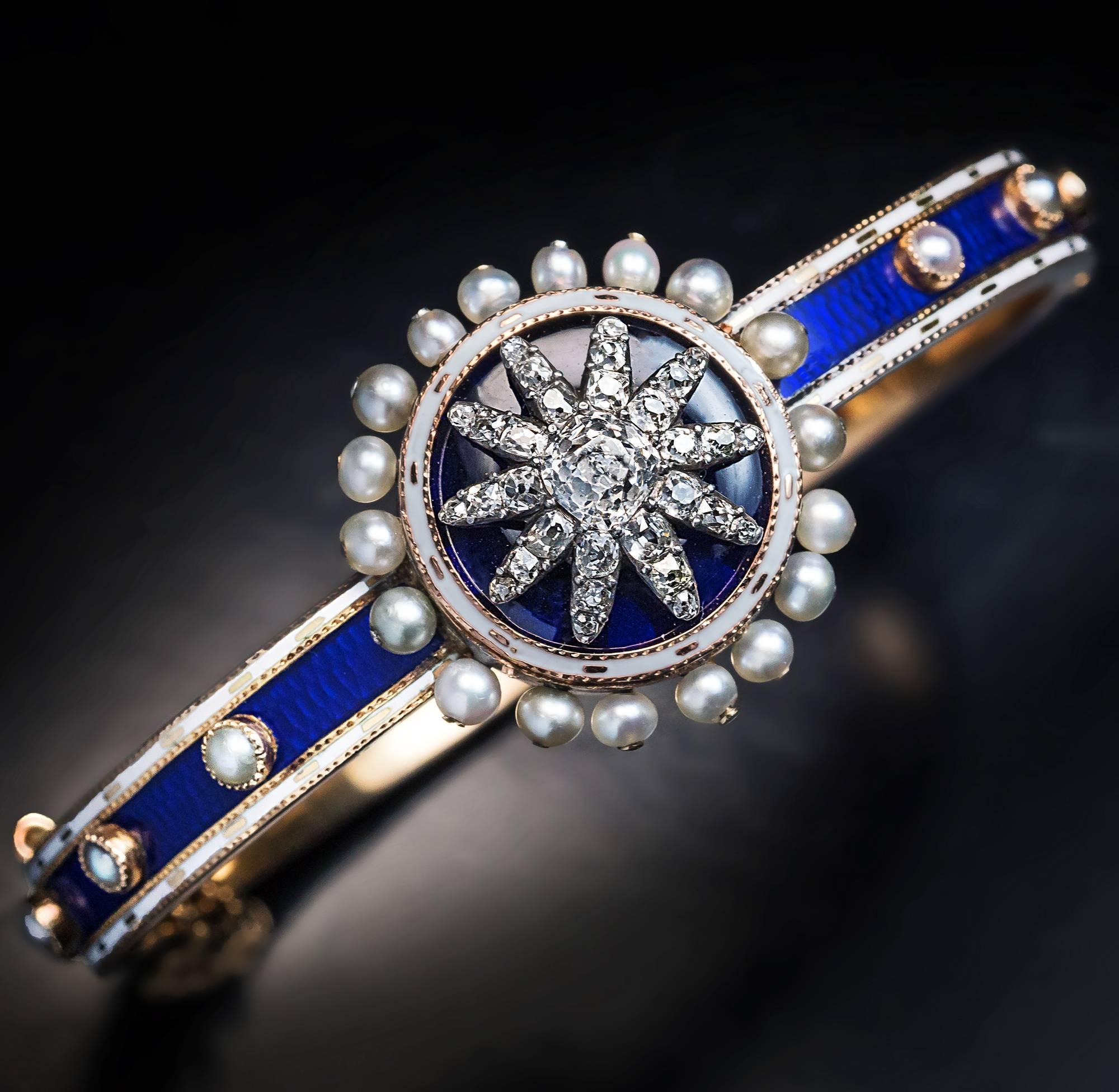 Antique Georgian Enamel Diamond Gold Pearl Bracelet In Excellent Condition In Chicago, IL