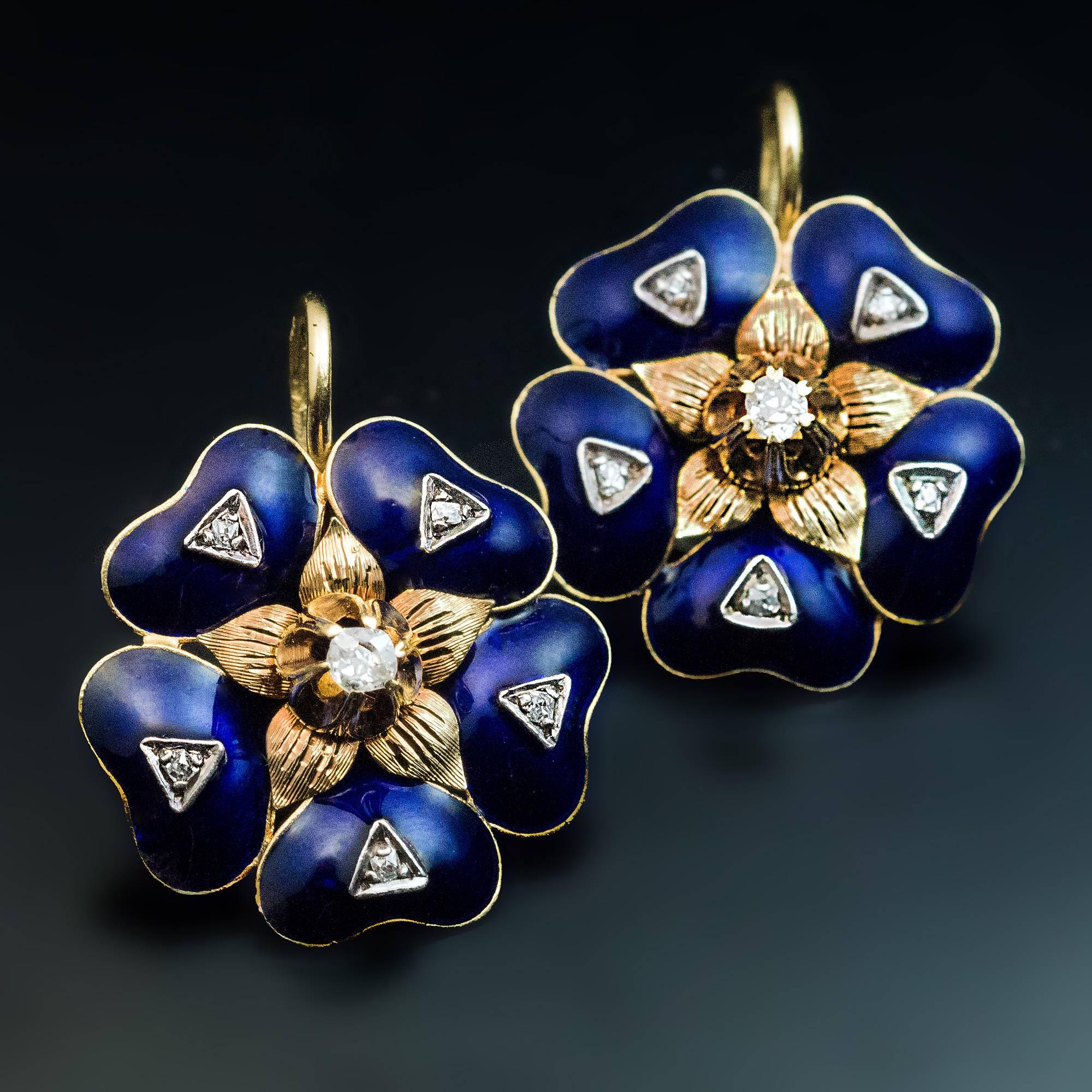 Women's Antique Victorian Enamel Diamond Gold Earrings