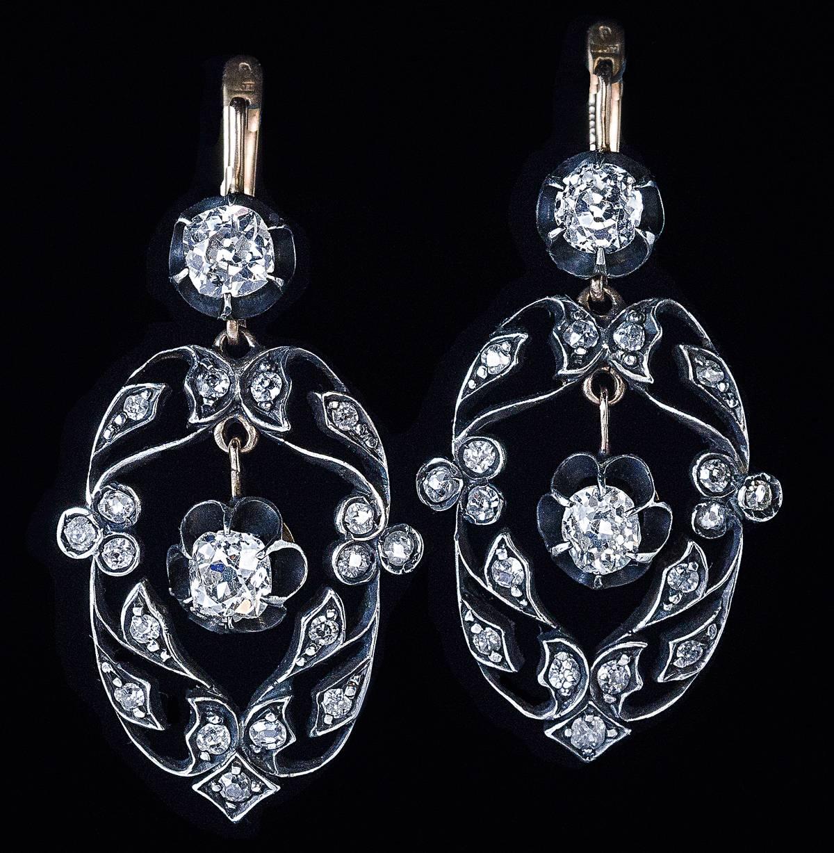 Edwardian Antique Diamond Silver Gold Openwork Dangle Earrings For Sale