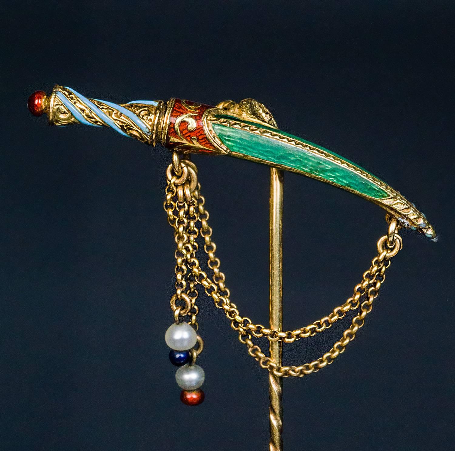 Antique Russian Enamel Gold Dagger Stickpin 1870s In Excellent Condition In Chicago, IL