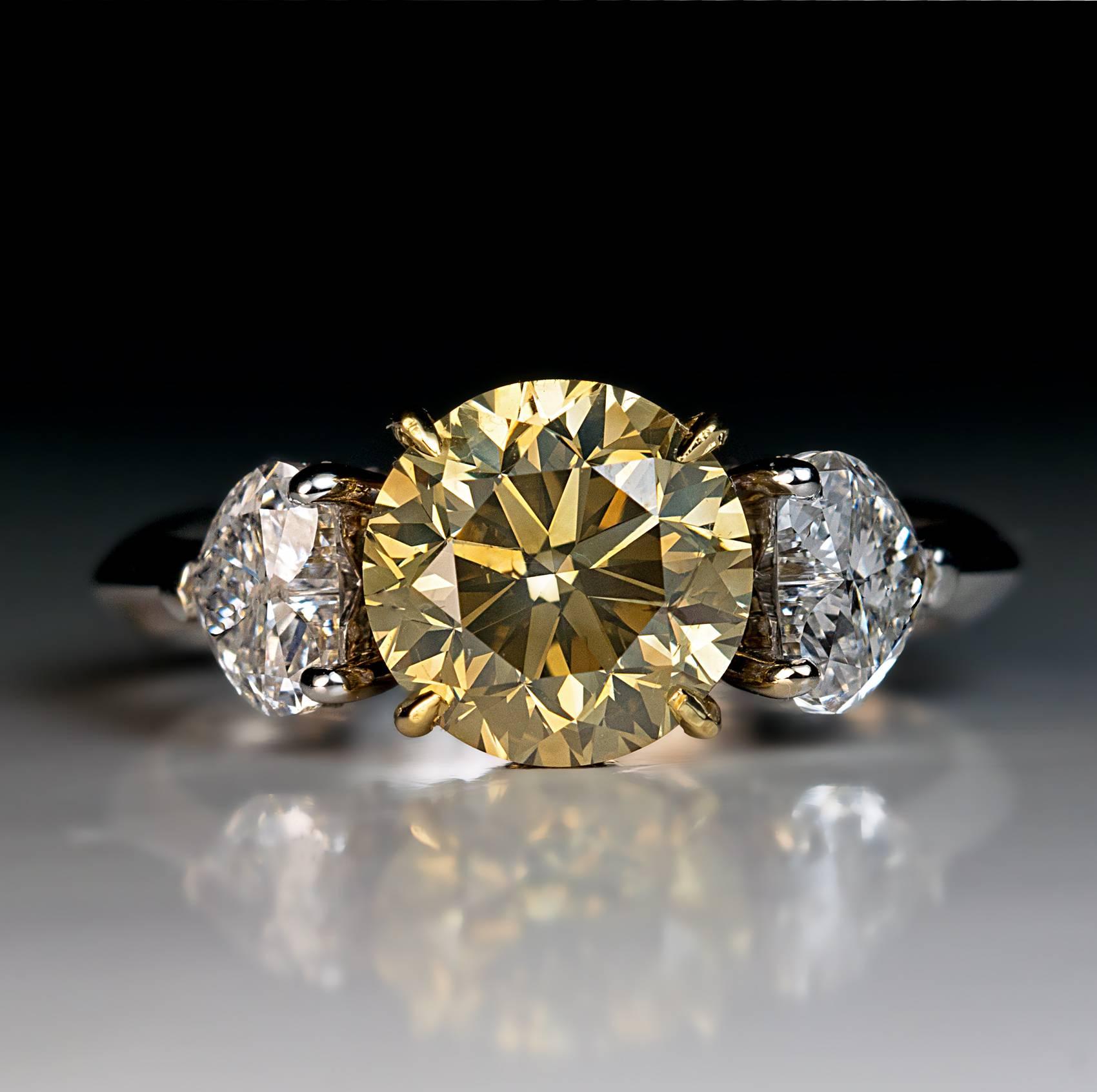 2.50 Carat Fancy Color Diamond Gold Three Stone Engagement Ring 1