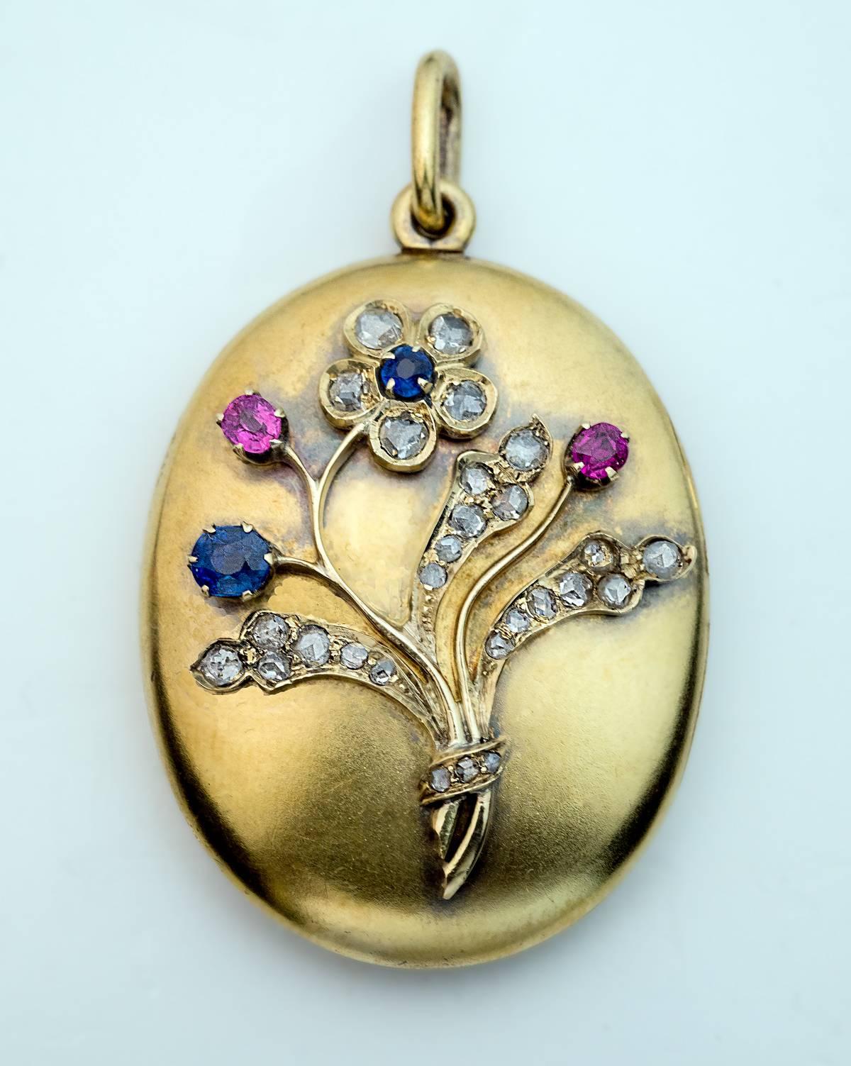 Women's Antique Sapphire Ruby Diamond Gold Locket Pendant
