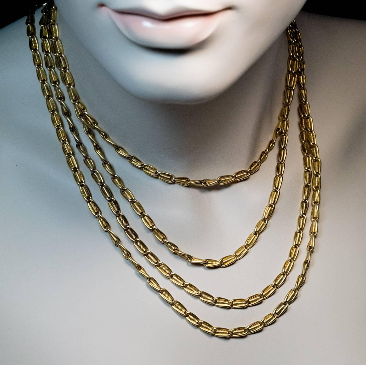 Made in Moscow between 1908 and 1917

Length 176 cm (69,3 in.)

Weight 46.44 grams

Marked with 56 zolotnik old Russian gold standard (14K) and maker’s initials.